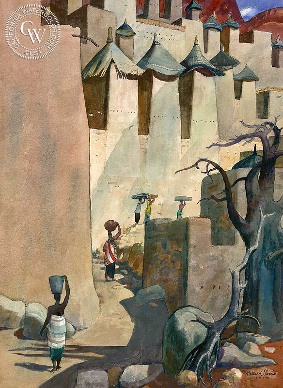 Mopti, West Africa, the Escarpment, 1979, watercolor painting by Millard Sheets  (American art). Fine art giclée print reproduction by California Watercolor for wall decor.