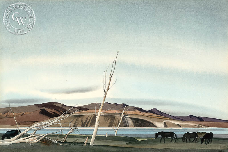 Mules and Mono Lake, 1933, watercolor painting by Millard Sheets  (American art). Fine art giclée print reproduction by California Watercolor for wall decor.