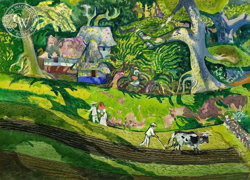 Tahitian Farmers, 1968, watercolor painting by Millard Sheets  (American art). Fine art giclée print reproduction by California Watercolor for wall decor.