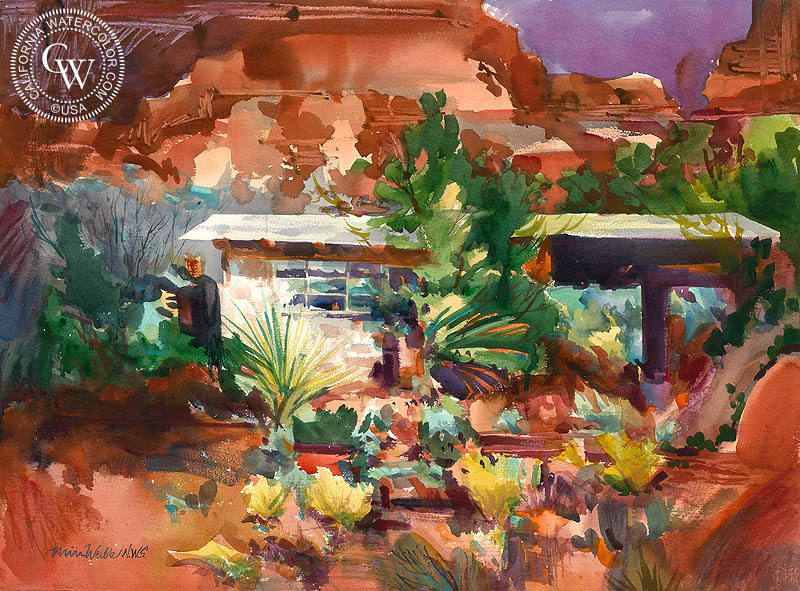 Canyon Cottage, watercolor painting by Miri Weible  (American art). Fine art giclée print reproduction by California Watercolor for wall decor.