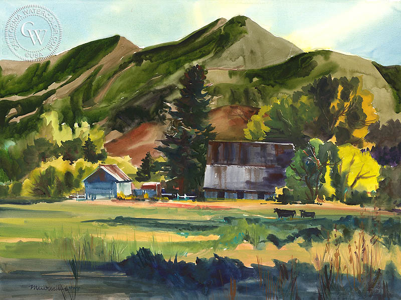 Midway Morning, UT, watercolor painting by Miri Weible  (American art). Fine art giclée print reproduction by California Watercolor for wall decor.