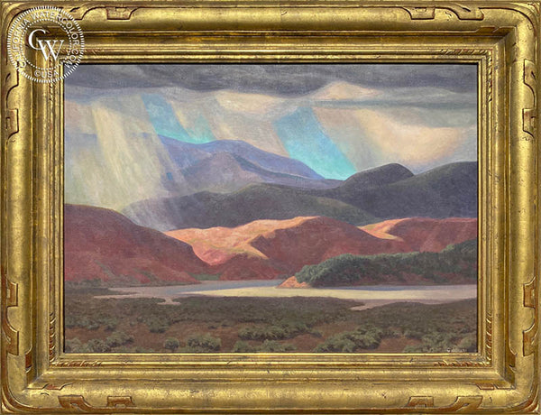 Thunder Showers, Dry Lake by Oscar Galgiani. An original oil painting. The original work of art is an oil on board, it's in great condition and is adorned in a hand carved gold leaf frame. California Watercolor, CaliforniaWatercolor.com