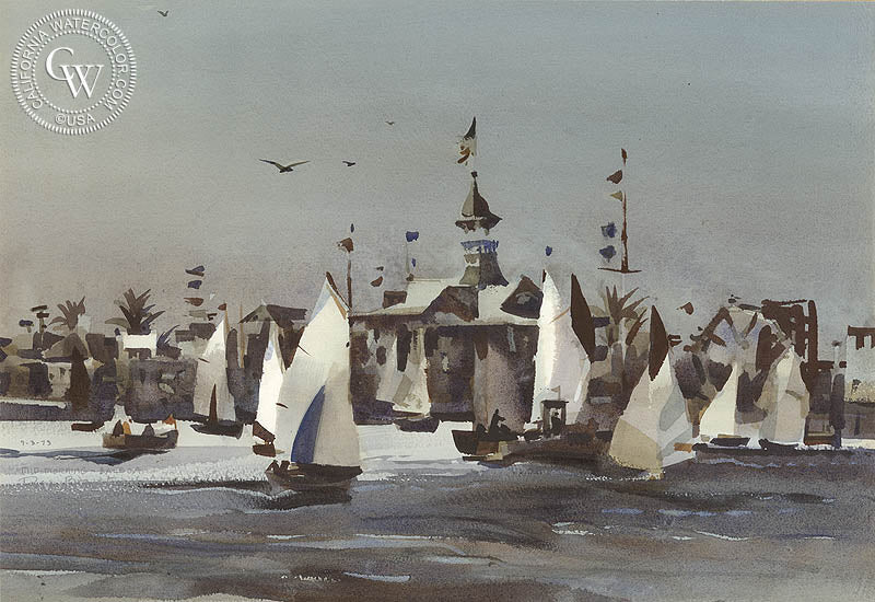 Mid Morning Balboa, 1973, watercolor painting by Rex Brandt  (American art). Fine art giclée print reproduction by California Watercolor for wall decor.