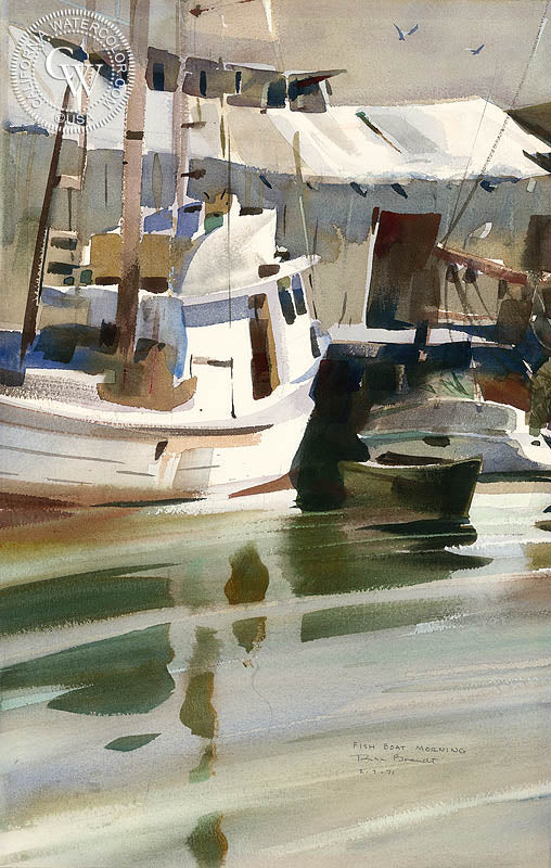 Fish Boat Morning, 1971, watercolor painting by Rex Brandt  (American art). Fine art giclée print reproduction by California Watercolor for wall decor.