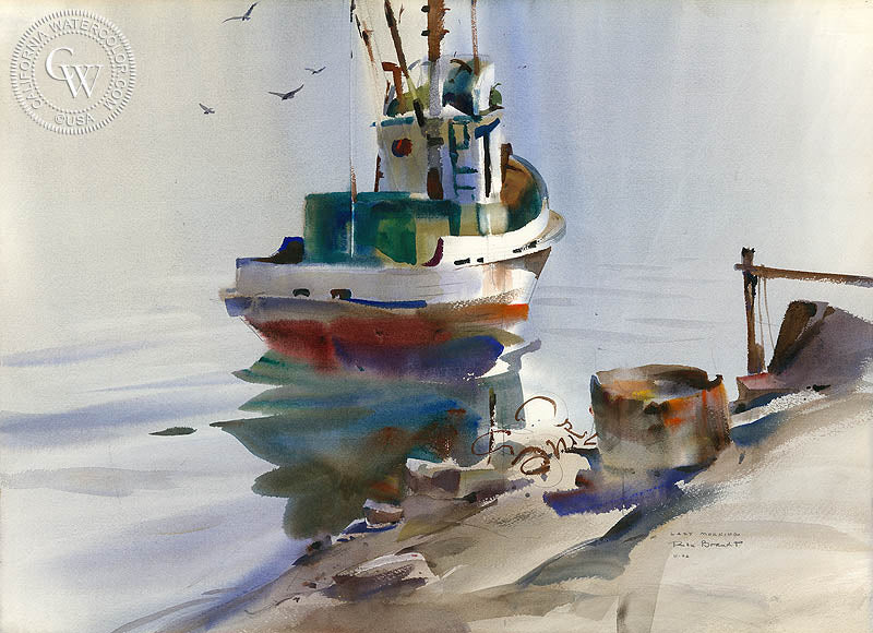 Lazy Morning, 1966, watercolor painting by Rex Brandt  (American art). Fine art giclée print reproduction by California Watercolor for wall decor.