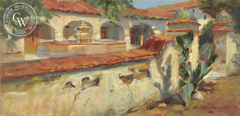 Mission San Miguel,  Rick J. Delanty (American art). Original acrylic painting by California Watercolor for wall decor.