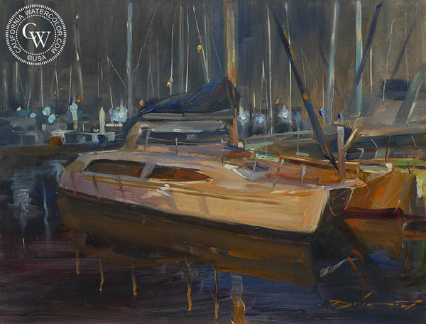 Mooring at Isthmus Cove, an original acrylic painting by Rick Delanty. Museum quality California art for sale at CaliforniaWatercolor.com