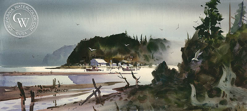 Fish Camp, watercolor painting by Robert Landry  (American art). Fine art giclée print reproduction by California Watercolor for wall decor.