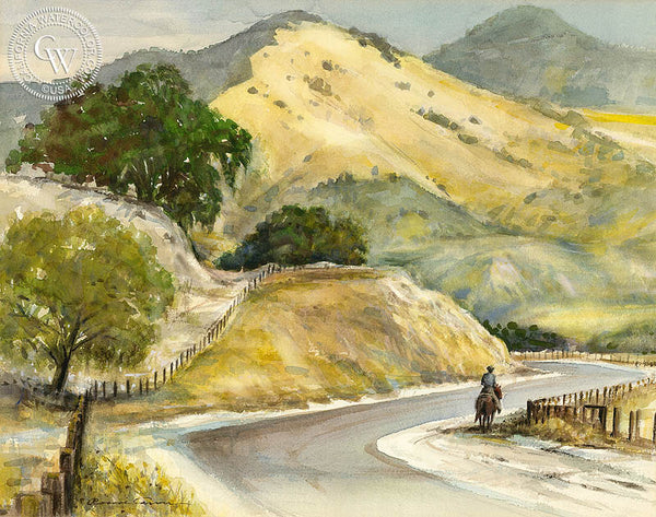 Horseman on the Road, California art by Roscoe Carver. Museum quality fine art giclée prints for sale at CaliforniaWatercolor.com - original California paintings, & premium giclée prints for sale