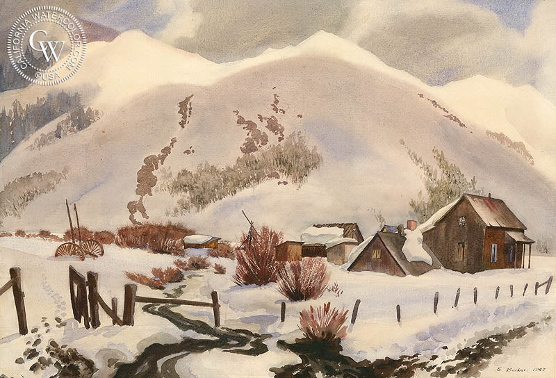 Snow Covered Hills, 1947, watercolor painting by Standish Backus Jr.  (American art). Fine art giclée print reproduction by California Watercolor for wall decor.