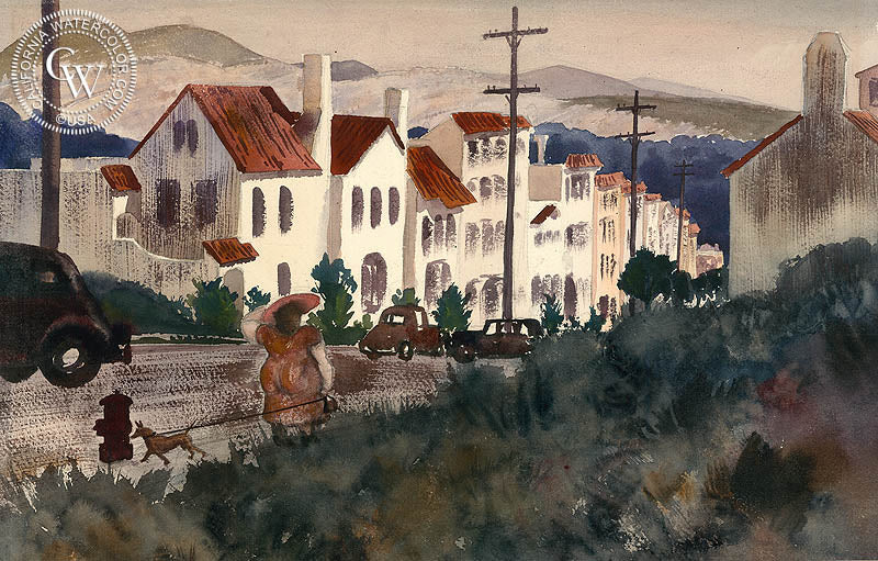 The Afternoon Walk, 1947, watercolor painting by Standish Backus Jr.  (American art). Fine art giclée print reproduction by California Watercolor for wall decor.