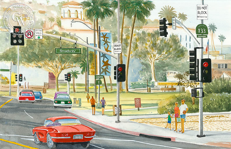 Broadway and P.C.H., Laguna Beach, watercolor painting by Steve Santmyer  (American art). Fine art giclée print reproduction by California Watercolor for wall decor.