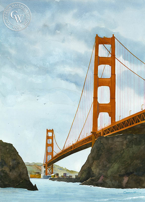 Golden Gate, San Fran, watercolor painting by Steve Santmyer  (American art). Fine art giclée print reproduction by California Watercolor for wall decor.