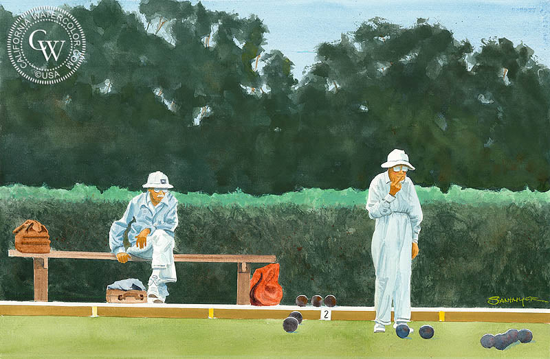 Lawn Bowling, Laguna Beach, watercolor painting by Steve Santmyer  (American art). Fine art giclée print reproduction by California Watercolor for wall decor.