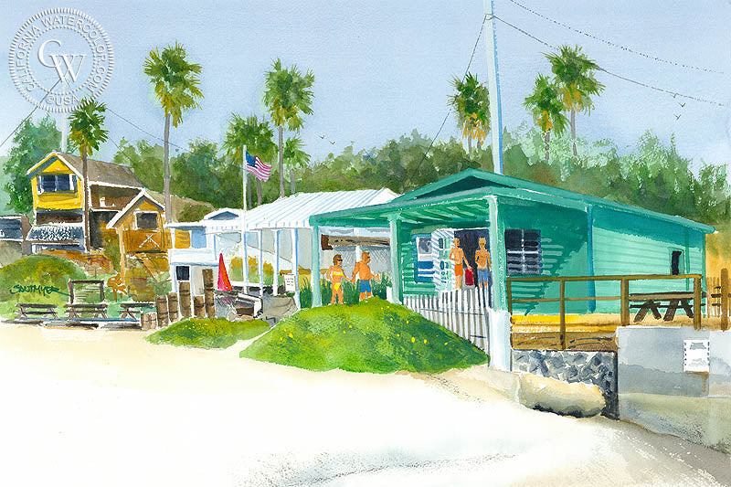 Another Day at Crystal Cove, watercolor painting by Steve Santmyer  (American art). Fine art giclée print reproduction by California Watercolor for wall decor.