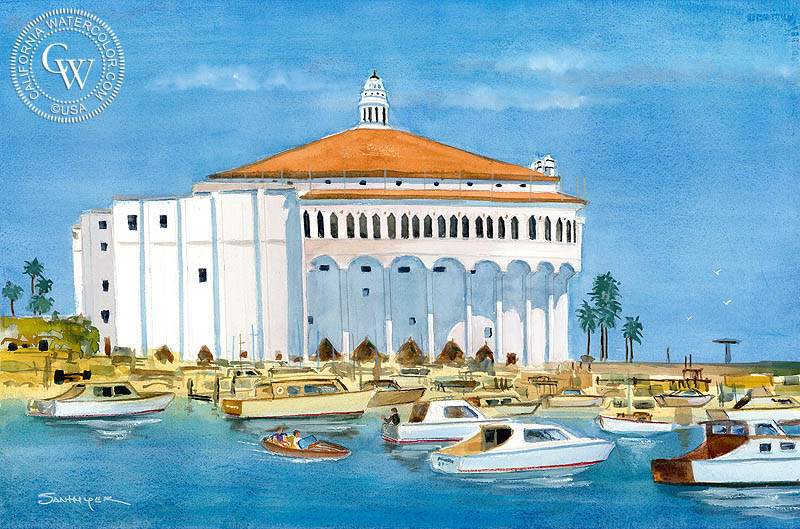 Catalina Island Casino and Avalon Harbor, watercolor painting by Steve Santmyer  (American art). Fine art giclée print reproduction by California Watercolor for wall decor.