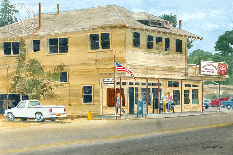 Irvine Country Store, watercolor painting by Steve Santmyer  (American art). Fine art giclée print reproduction by California Watercolor for wall decor.