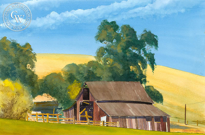 Old Barn on Irvine Ranch, North End of Laguna Canyon, watercolor painting by Steve Santmyer  (American art). Fine art giclée print reproduction by California Watercolor for wall decor.