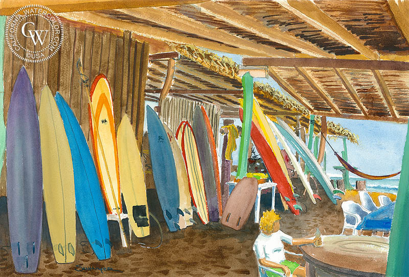 Saladita Log Jam, watercolor painting by Steve Santmyer  (American art). Fine art giclée print reproduction by California Watercolor for wall decor.