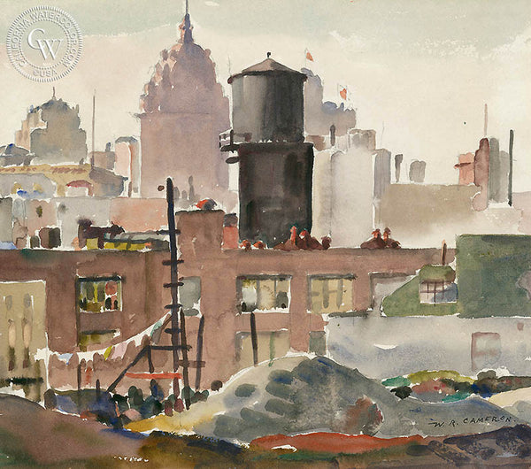 San Francisco from lower 3rd. Street, c. 1930's, California art by William Ross Cameron. HD giclee art prints for sale at CaliforniaWatercolor.com - original California paintings, & premium giclee prints for sale