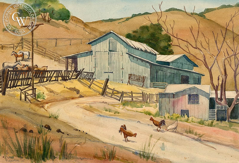 Ranch Above San Luis Obispo, 1935, watercolor painting by Adolphine Sutro Fullerton  (American art). Fine art giclée print reproduction by California Watercolor for wall decor.