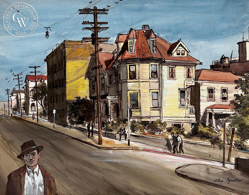Bunker Hill, watercolor painting by Alex Ignatiev  (American art). Fine art giclée print reproduction by California Watercolor for wall decor.
