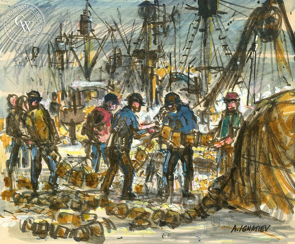 Mending the Nets, California art by Alex Ignatiev. HD giclee art prints for sale at CaliforniaWatercolor.com - original California paintings, & premium giclee prints for sale