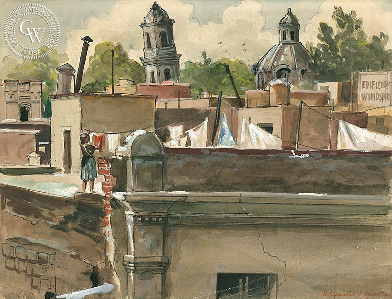 Leaning Cathedral, Mexico City, 1947, watercolor painting by Alex Ignatiev  (American art). Fine art giclée print reproduction by California Watercolor for wall decor.