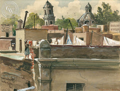 Leaning Cathedral, Mexico City, 1947, California art by Alex Ignatiev. HD giclee art prints for sale at CaliforniaWatercolor.com - original California paintings, & premium giclee prints for sale
