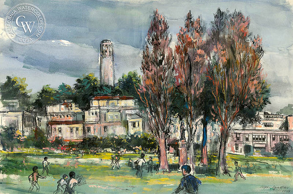 Park in North Beach San Francisco, 1949, California art by Alex Ignatiev. HD giclee art prints for sale at CaliforniaWatercolor.com - original California paintings, & premium giclee prints for sale