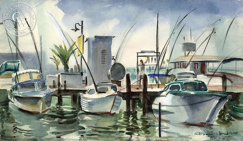 Boats in Harbor, watercolor painting by Alexandra Bradshaw  (American art). Fine art giclée print reproduction by California Watercolor for wall decor.