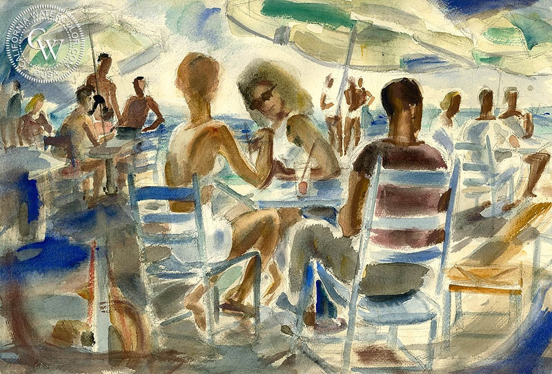 Laguna Beach Party, 1940, watercolor painting by Alexandra Bradshaw  (American art). Fine art giclée print reproduction by California Watercolor for wall decor.