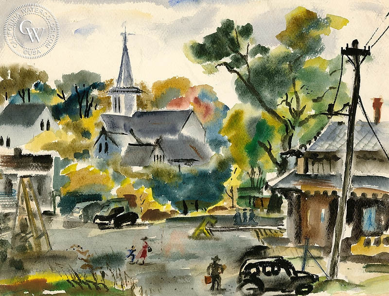 Small Town, watercolor painting by Alexandra Bradshaw  (American art). Fine art giclée print reproduction by California Watercolor for wall decor.