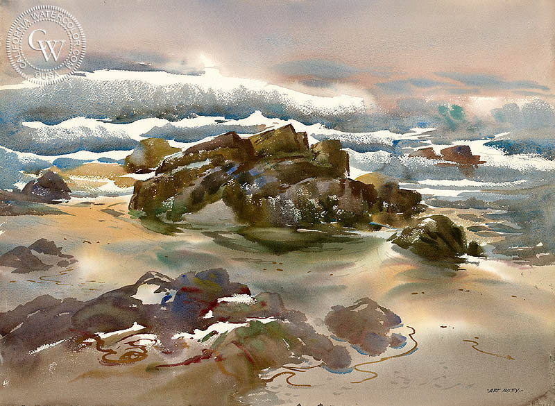 Surf at 17 Mile Drive, Pebble Beach, watercolor painting by Art Riley  (American art). Fine art giclée print reproduction by California Watercolor for wall decor.