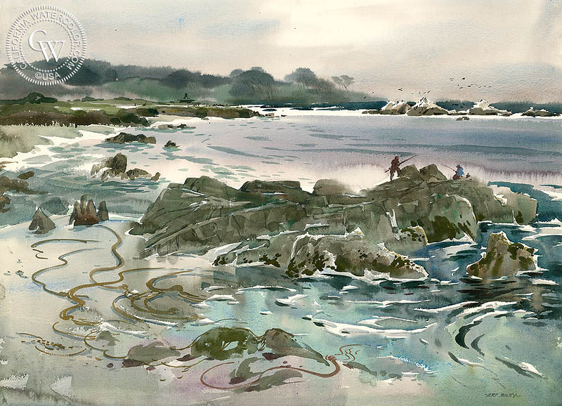 Early Morning Angler's at Pebble Beach, watercolor painting by Art Riley  (American art). Fine art giclée print reproduction by California Watercolor for wall decor.