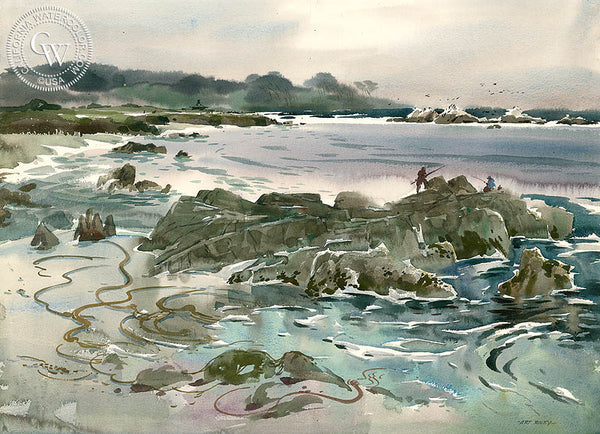 Early Morning Angler's at Pebble Beach, a California watercolor painting by Art Riley. HD giclee art prints for sale at CaliforniaWatercolor.com - original California paintings, & premium giclee prints for sale