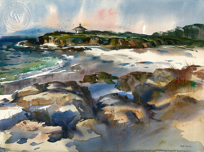 Pebble Beach, watercolor painting by Art Riley  (American art). Fine art giclée print reproduction by California Watercolor for wall decor.