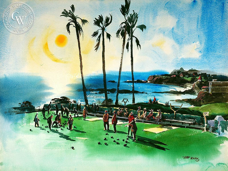 Bowling on the Green, 1950, watercolor painting by Art Riley  (American art). Fine art giclée print reproduction by California Watercolor for wall decor.