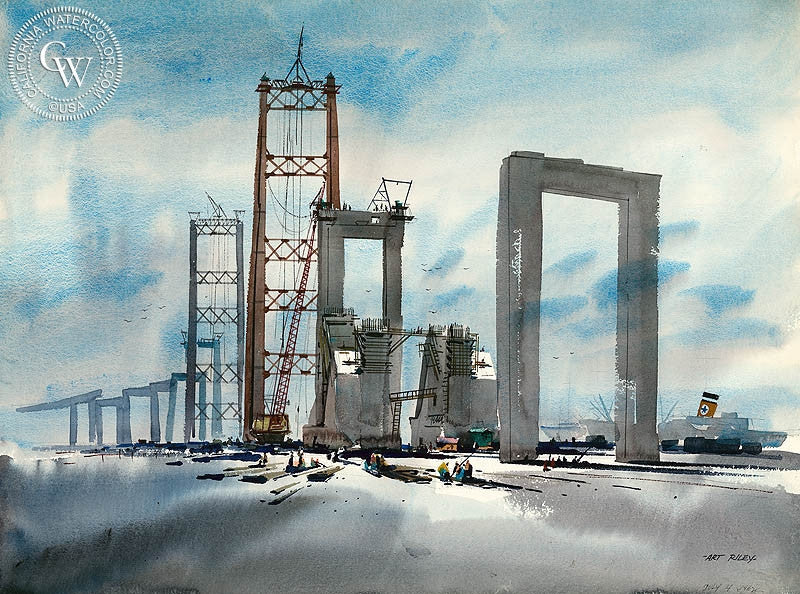 Building the Bridge, 1962, watercolor painting by Art Riley  (American art). Fine art giclée print reproduction by California Watercolor for wall decor.