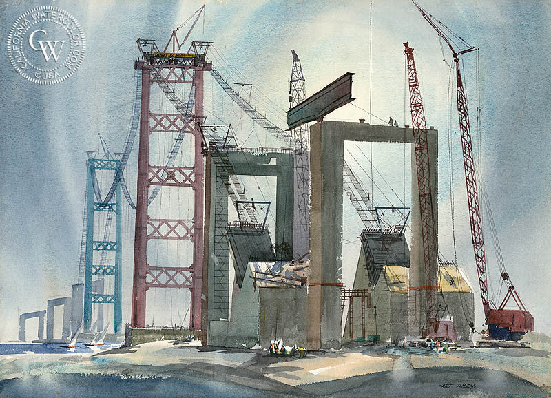 Building the Vincent Thomas, 1962, watercolor painting by Art Riley  (American art). Fine art giclée print reproduction by California Watercolor for wall decor.
