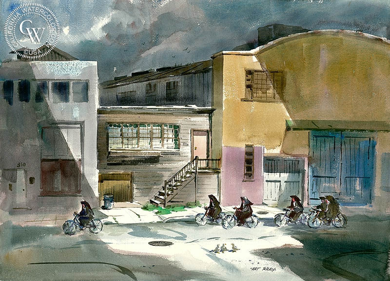 Cycling Nuns at Cannery Row, art by Art Riley – California Watercolor