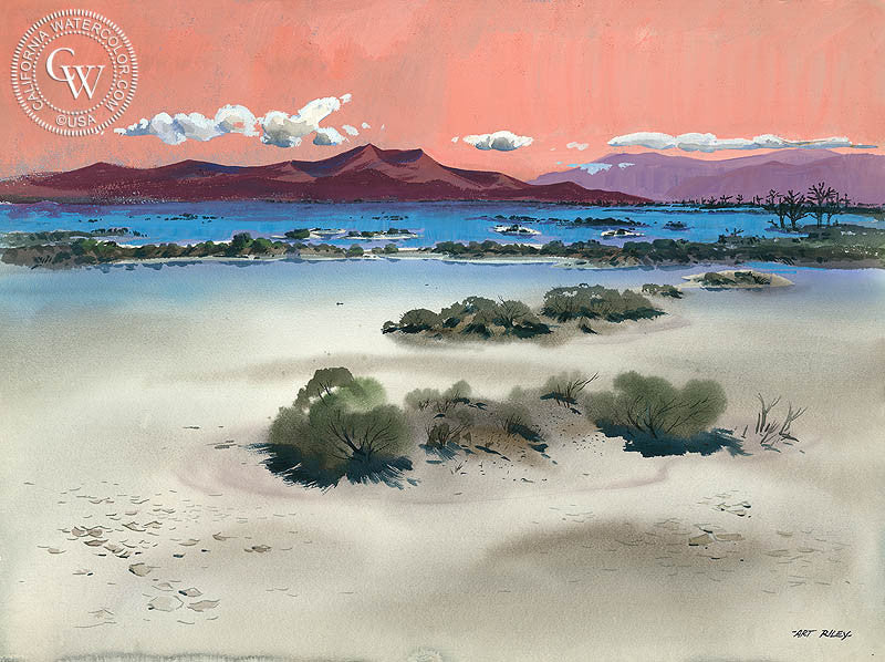 Desertscape, watercolor painting by Art Riley  (American art). Fine art giclée print reproduction by California Watercolor for wall decor.
