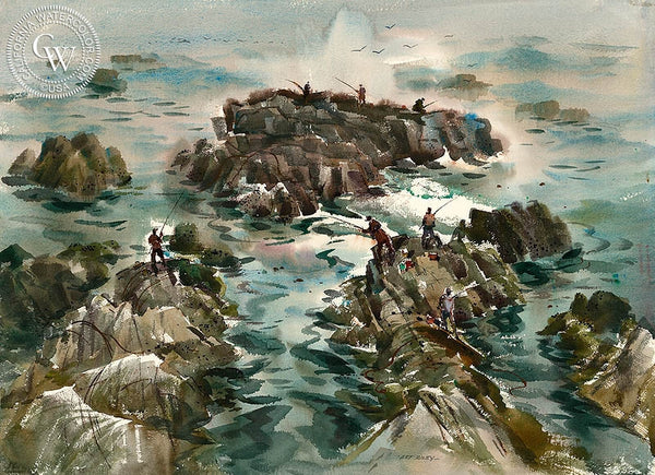 Fishing from the Rocks, California art by Art Riley. HD giclee art prints for sale at CaliforniaWatercolor.com - original California paintings, & premium giclee prints for sale