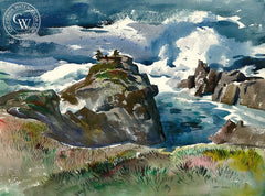 Fishing at High Tide, California art by Art Riley. HD giclee art prints for sale at CaliforniaWatercolor.com - original California paintings, & premium giclee prints for sale