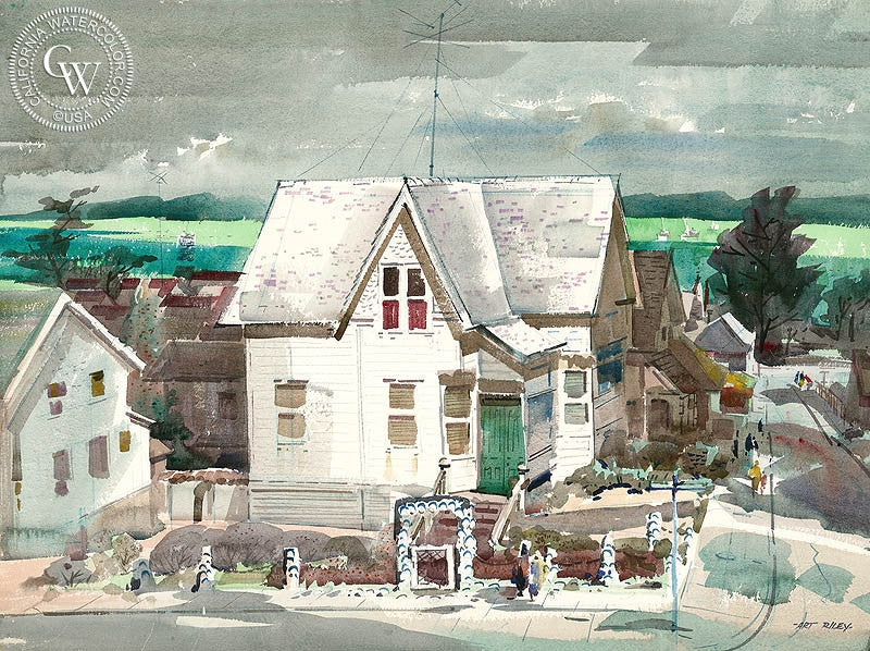 House on Monterey Bay, c. 1950s, watercolor painting by Art Riley  (American art). Fine art giclée print reproduction by California Watercolor for wall decor.