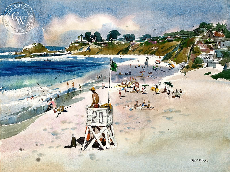 Lifeguard Tower 20, Laguna Beach, c. 1960s, watercolor painting by Art Riley  (American art). Fine art giclée print reproduction by California Watercolor for wall decor.