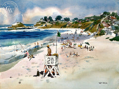 Life Guard Tower 20, Laguna Beach, c. 1960's, California art by Art Riley. HD giclee art prints for sale at CaliforniaWatercolor.com - original California paintings, & premium giclee prints for sale