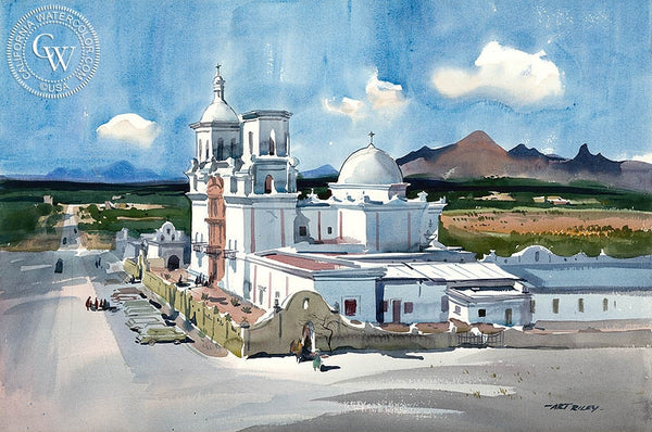 Mission San Xavier del Bac, California art by Art Riley. HD giclee art prints for sale at CaliforniaWatercolor.com - original California paintings, & premium giclee prints for sale