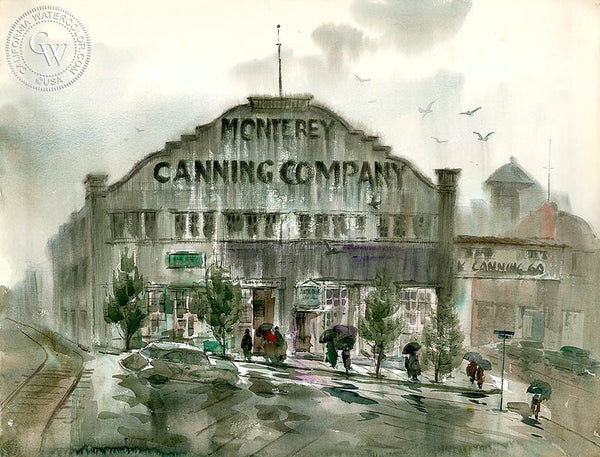 Monterey Canning Company, California art by Art Riley. HD giclee art prints for sale at CaliforniaWatercolor.com - original California paintings, & premium giclee prints for sale