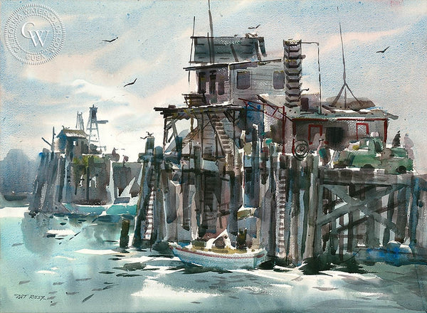 Pier Side, California art by Art Riley. HD giclee art prints for sale at CaliforniaWatercolor.com - original California paintings, & premium giclee prints for sale
